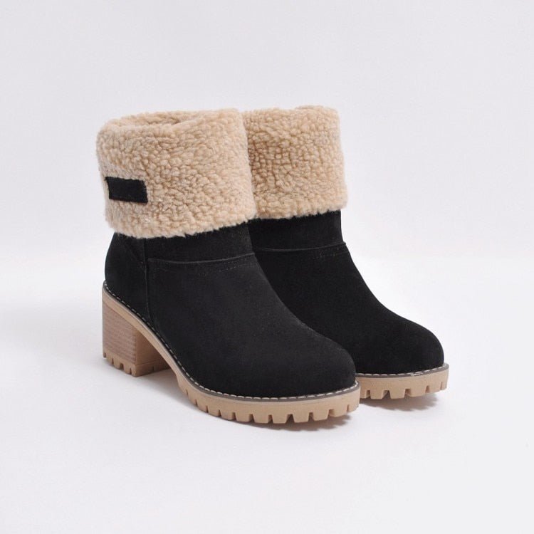 Schwarze Winterstiefel mit beigem Kunstfell, Blockabsatz, rutschfeste Sohle, Damenmode.