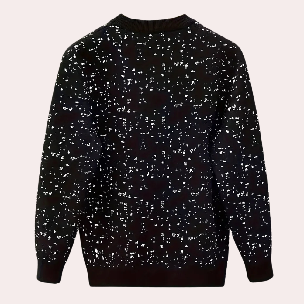 Schwarzer Pullover mit weißem Sprenkelmuster, Unisex, Baumwolle, modisch, bequem.