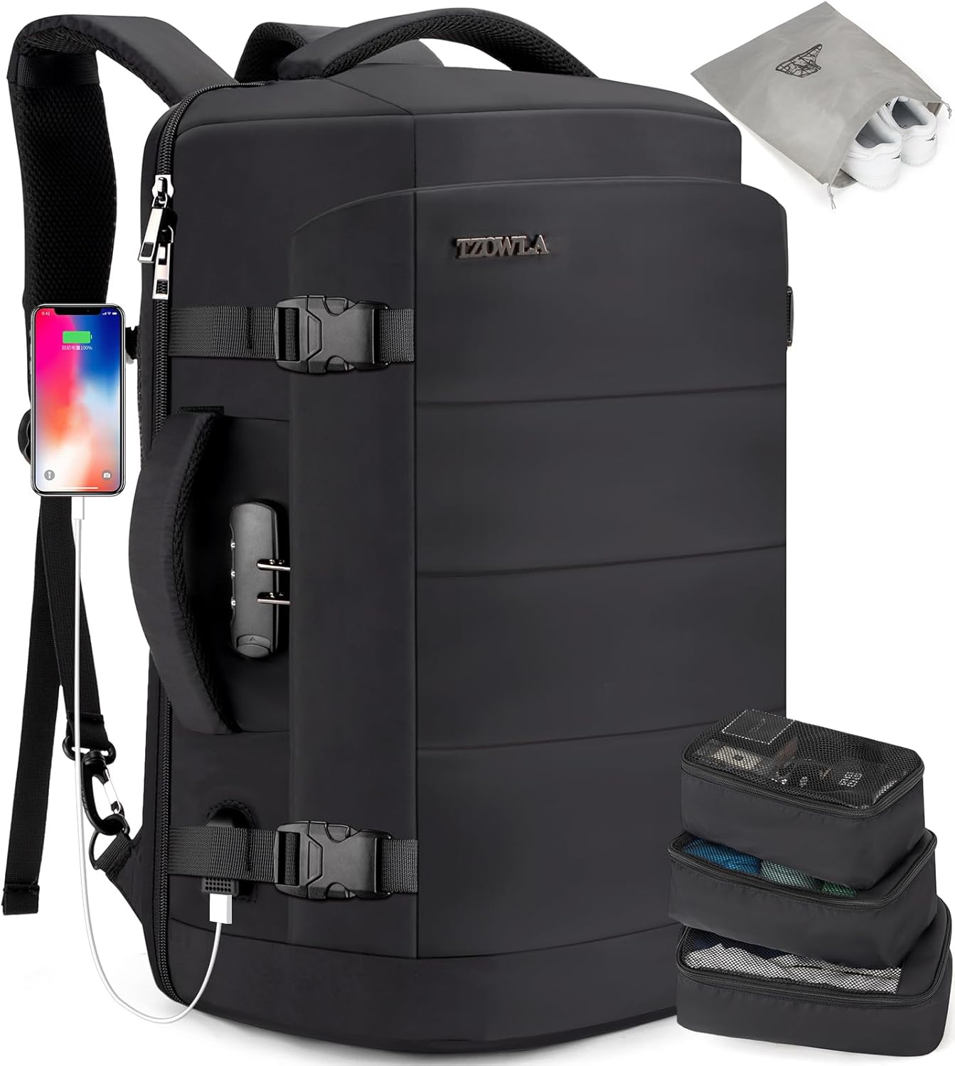 Vattentät 40 L reseryggsäck för laptop med USB-port och stöldskydd – AeroPack