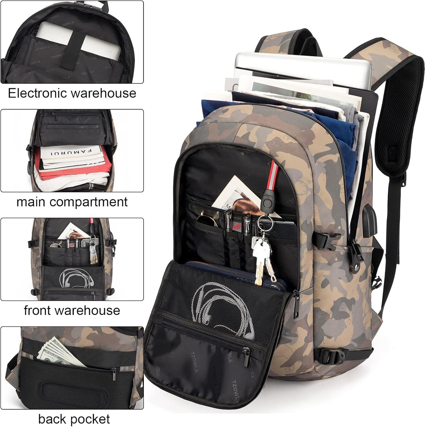 Extra stor anti-stöld laptop- och reseryggsäck med USB-port – 30–50 L