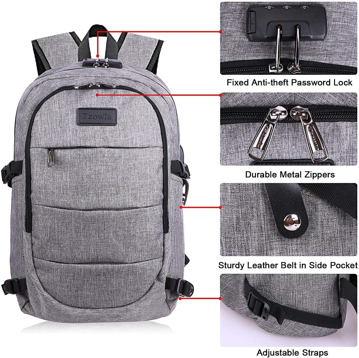 Extra stor anti-stöld laptop- och reseryggsäck med USB-port – 30–50 L