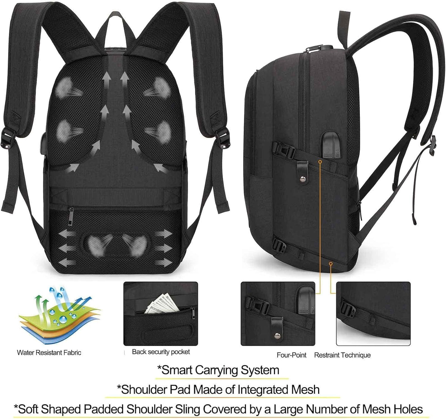 Extra stor anti-stöld laptop- och reseryggsäck med USB-port – 30–50 L