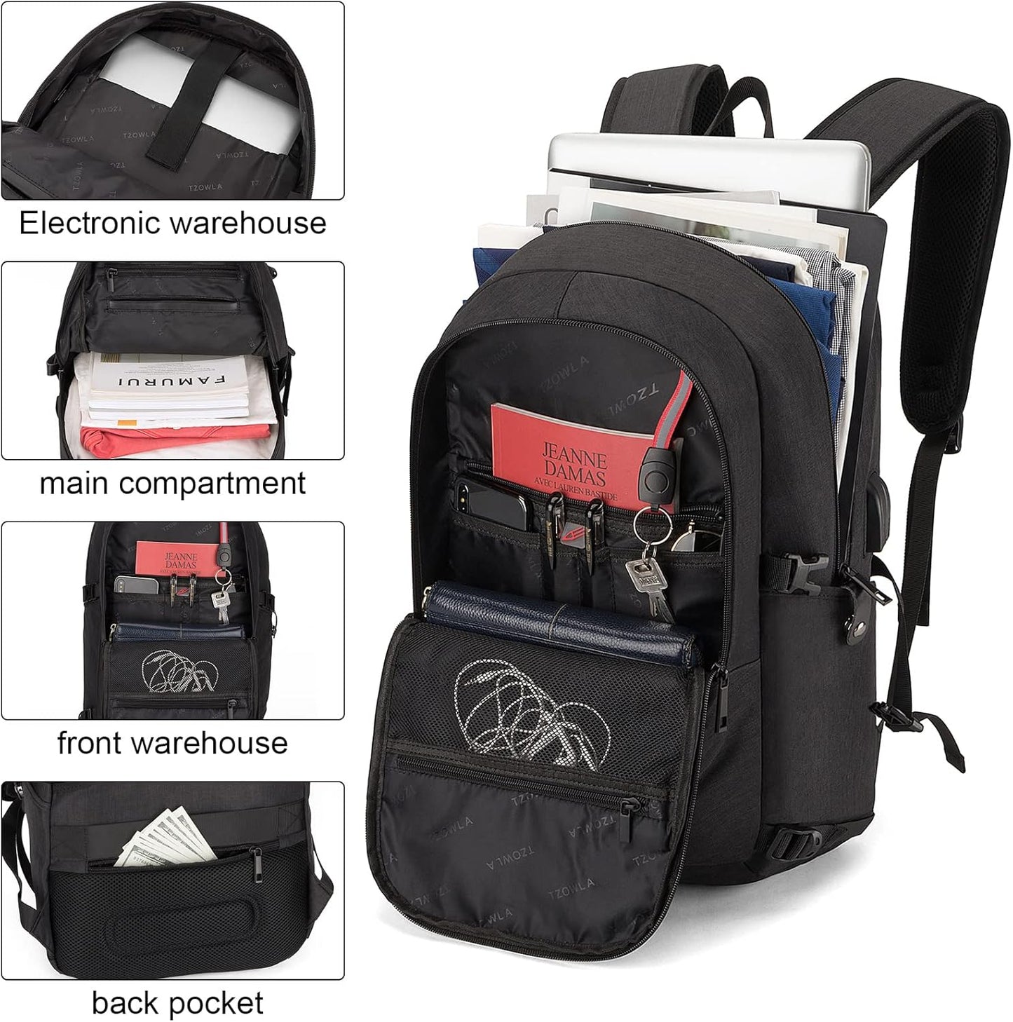 Extra stor anti-stöld laptop- och reseryggsäck med USB-port – 30–50 L