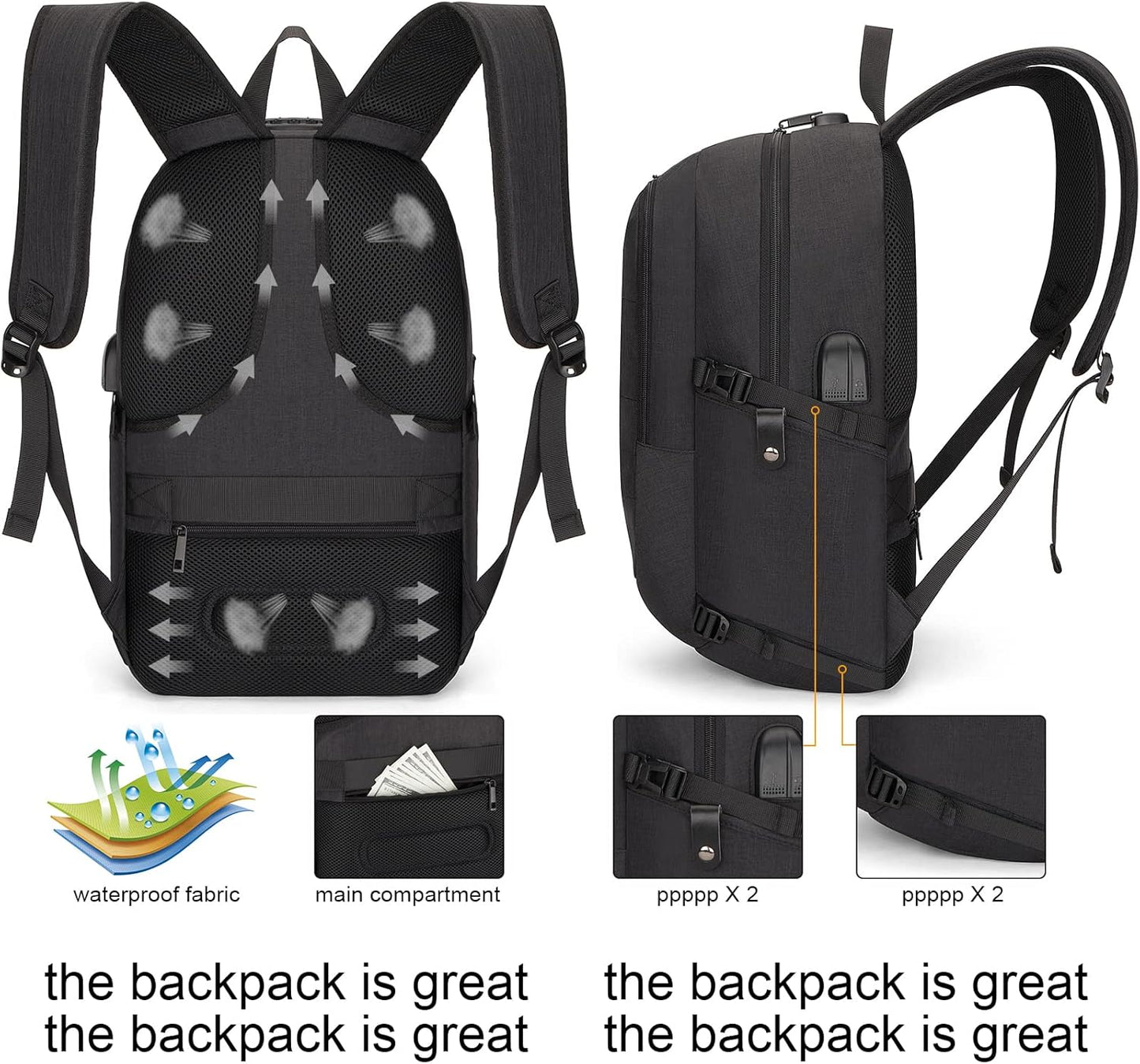 Extra stor anti-stöld laptop- och reseryggsäck med USB-port – 30–50 L