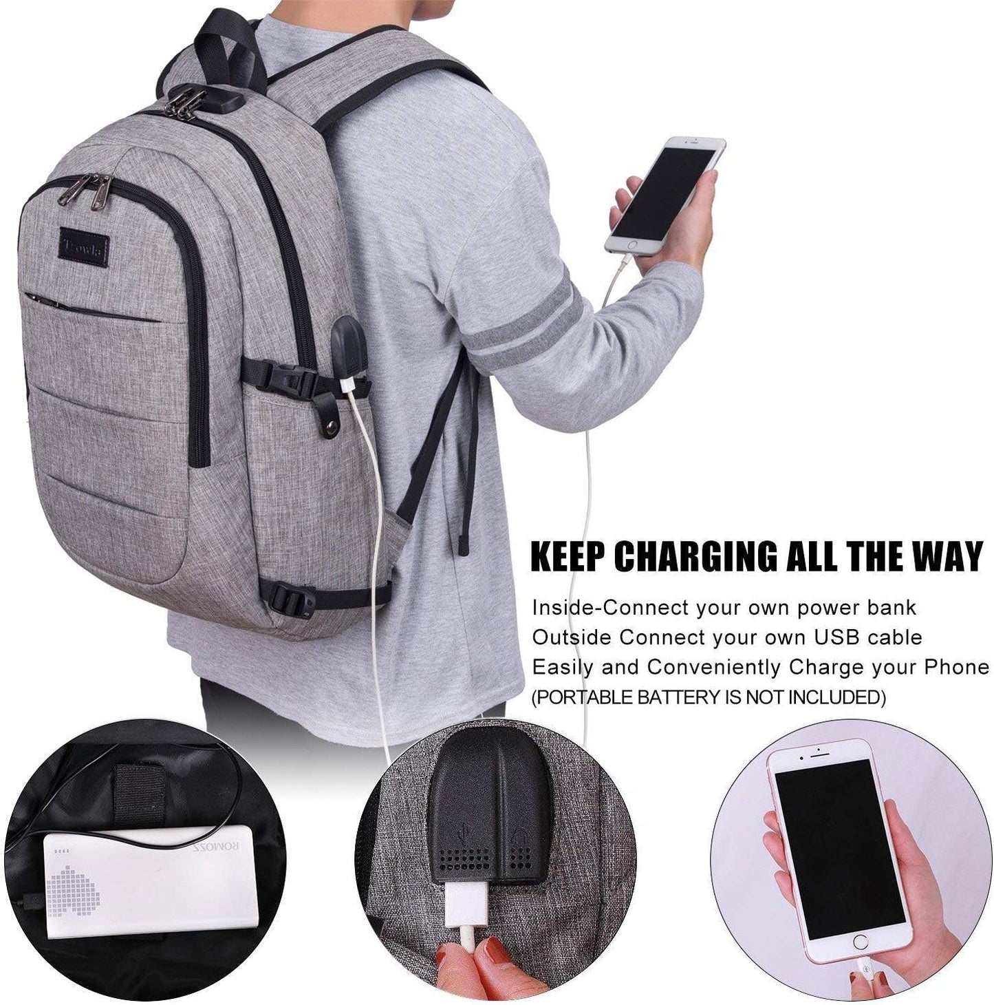 Extra stor anti-stöld laptop- och reseryggsäck med USB-port – 30–50 L