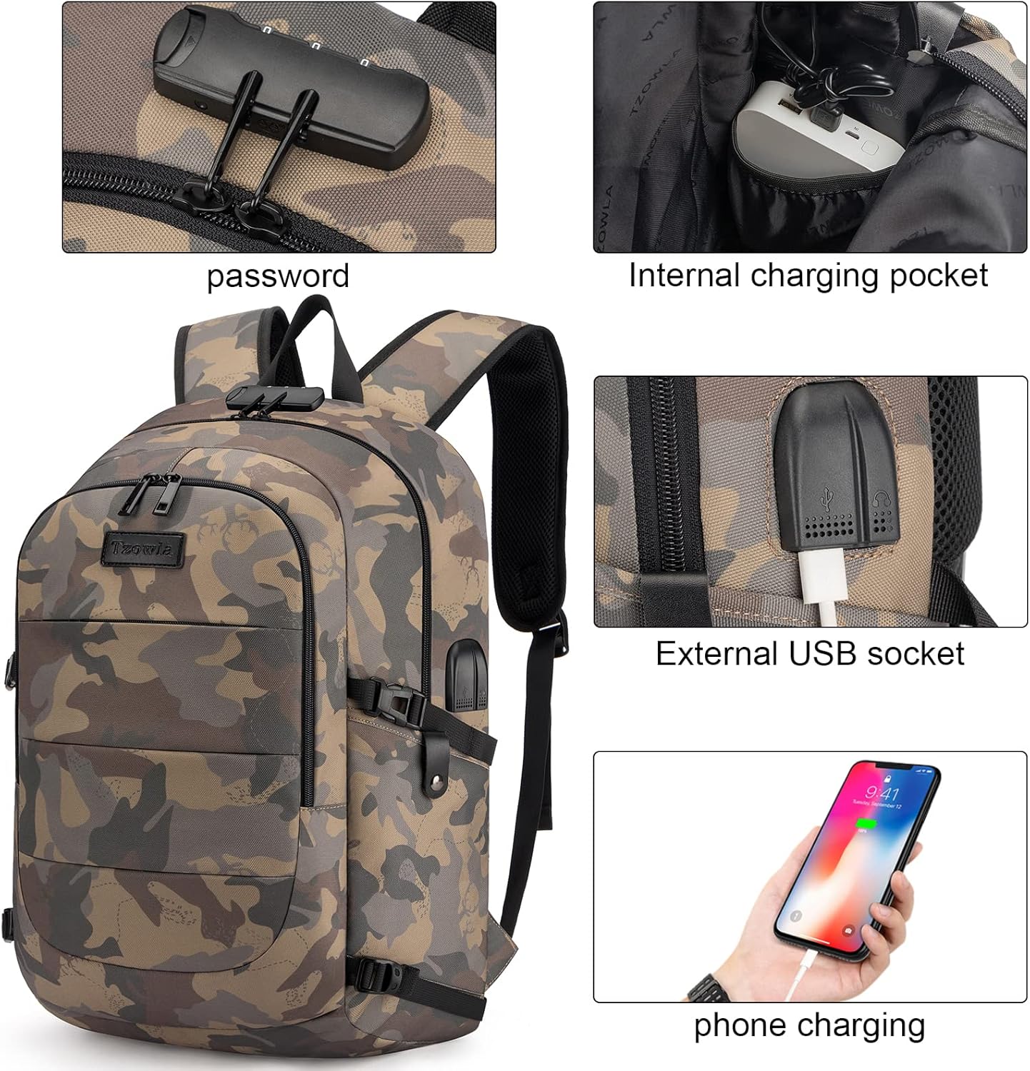 Extra stor anti-stöld laptop- och reseryggsäck med USB-port – 30–50 L