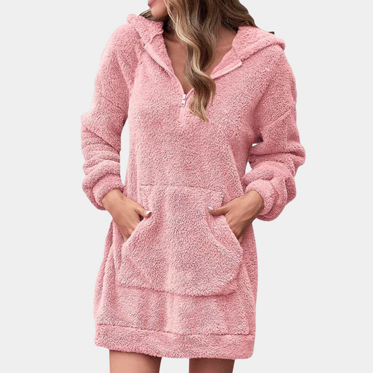 Flauschiger rosa Kapuzenpullover-Kleid für Damen, gemütlich, langärmelig, mit Kängurutasche.