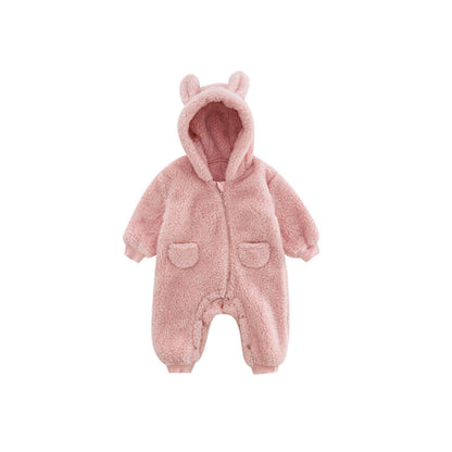 Rosa Baby-Strampler mit Kapuze und Ohren, Plüsch, warm, gemütlich, Winterkleidung für Neugeborene.