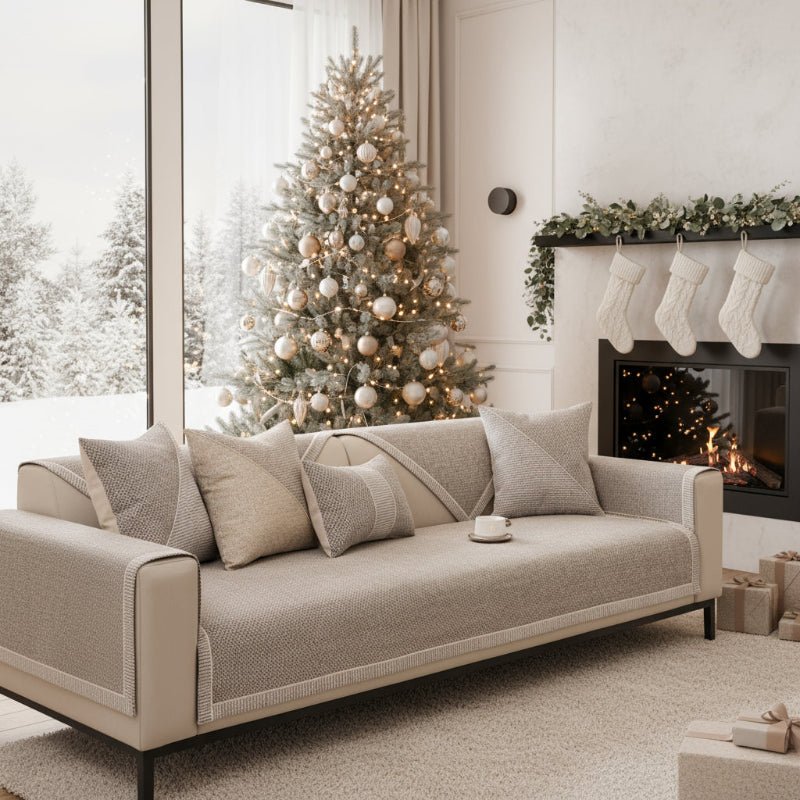 Beige soffa med överdrag i vardagsrum inför jul, med dekorerad gran, strumpor vid eldstaden och kuddar. 2