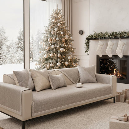 Beige soffa med överdrag i vardagsrum inför jul, med dekorerad gran, strumpor vid eldstaden och kuddar. 2