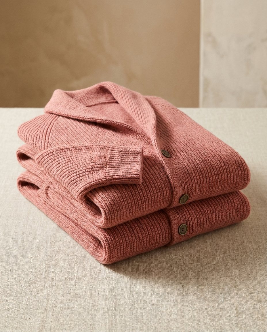 Två hopvikta rosa koftor i en hög på en linneduk, med sjalkrage, knappar och ribbad ärmkant. 7