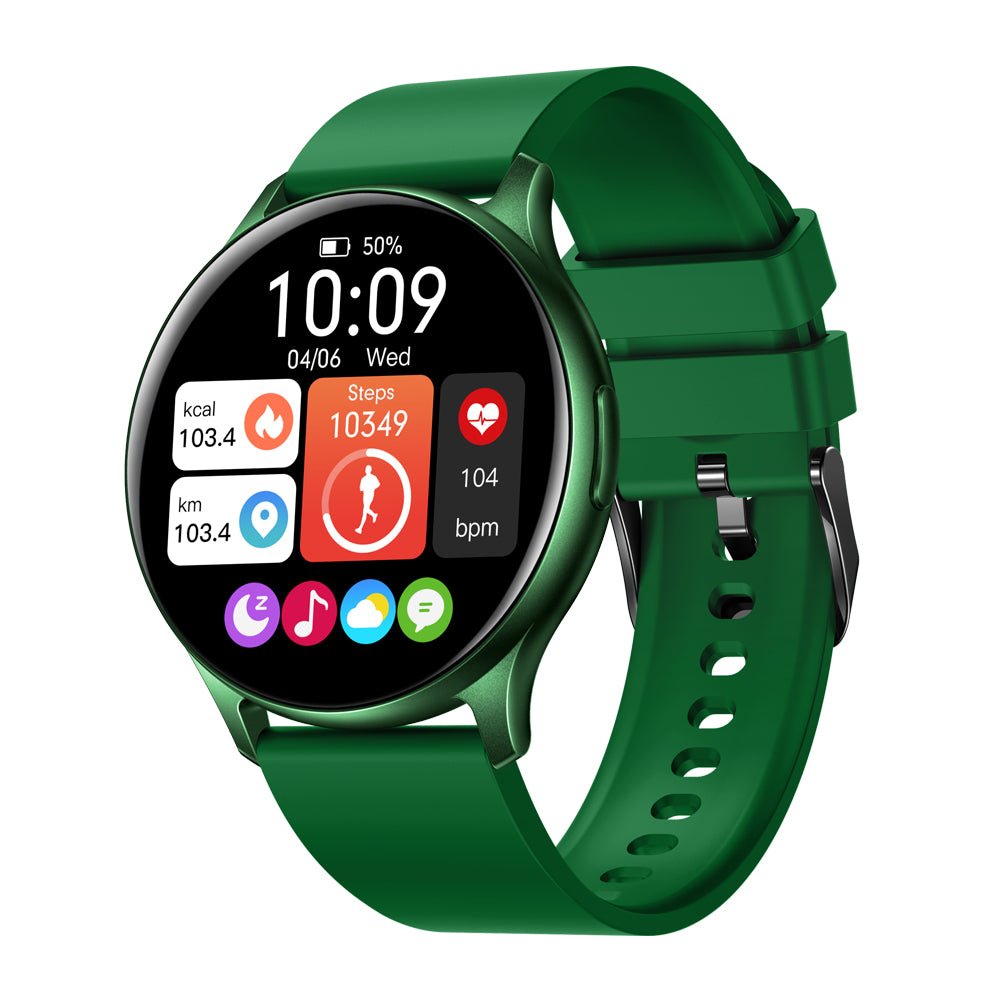Grüne Smartwatch mit rundem Display, Fitness-Tracker, Herzfrequenzmesser, Schrittzähler.