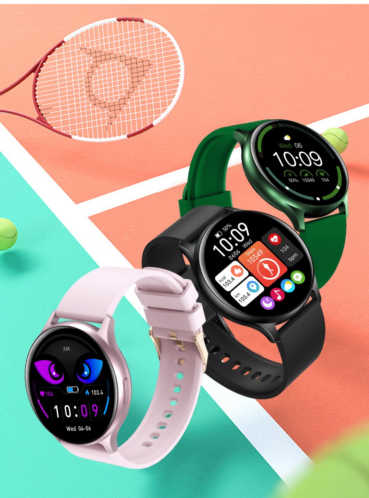 Drei Valante Proxena Smartwatches in Schwarz, Grün und Rosa auf Tennisplatz-Hintergrund.