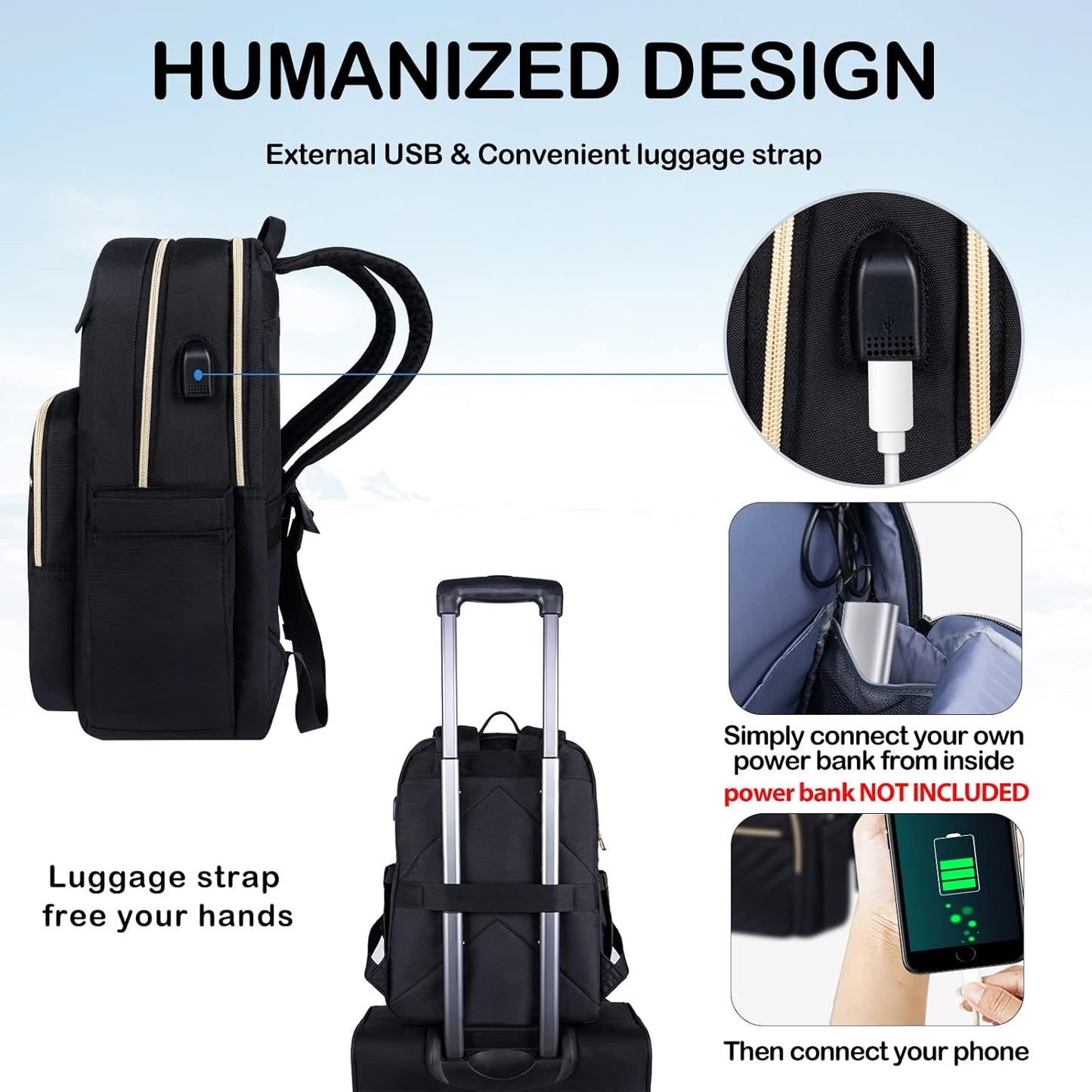 Lätt vattentät laptopryggsäck med USB-port – kompatibel med 15,6 tum
