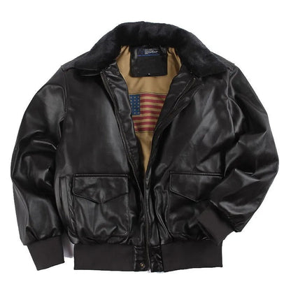 Schwarze Lederjacke mit Fellkragen, amerikanische Flagge innen, modisch, Herrenbekleidung.
