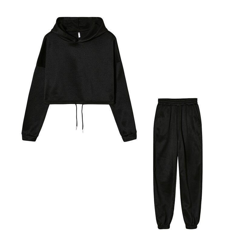 Schwarzer Damen-Hoodie und Jogginghose Set, bequem, Freizeitkleidung, Sportanzug.