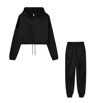 Schwarzer Damen-Hoodie und Jogginghose Set, bequem, Freizeitkleidung, Sportanzug.