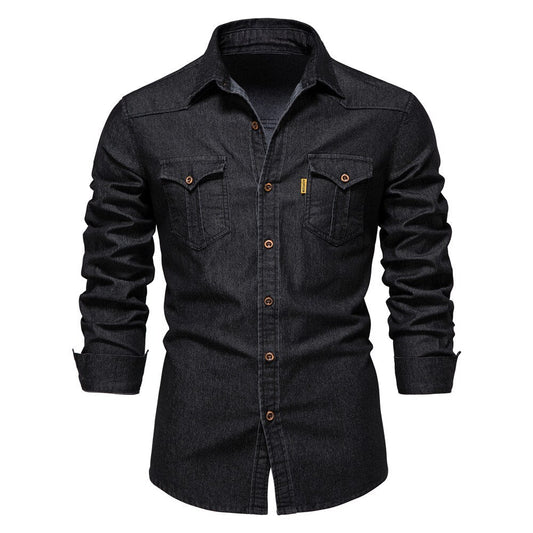Schwarzes Jeanshemd für Herren, langärmelig, Knopfleiste, Freizeitmode, Baumwolle.
