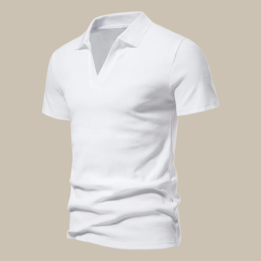 Weiße Herren-Poloshirt aus Baumwolle, kurzärmelig, klassisches Design.