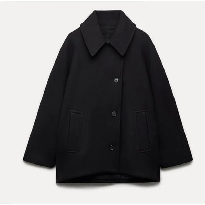 Schwarzer Wollmantel für Damen, klassischer Schnitt, Knöpfe, Herbstmode, elegant und warm.