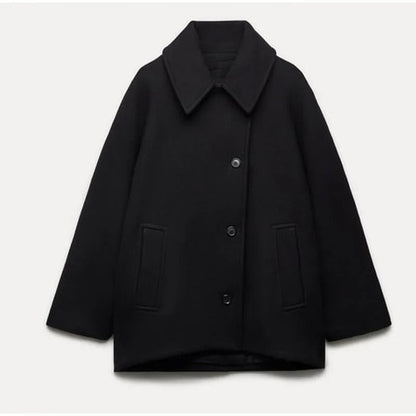 Schwarzer Wollmantel für Damen, klassischer Schnitt, Knöpfe, Herbstmode, elegant und warm.