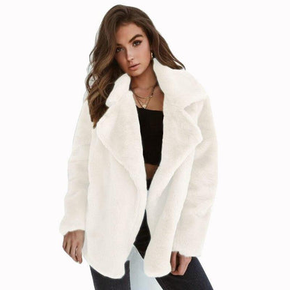 Weiße Damen-Winterjacke, Plüsch, mit Reverskragen, warm, modisch, casual, Kunstpelz.