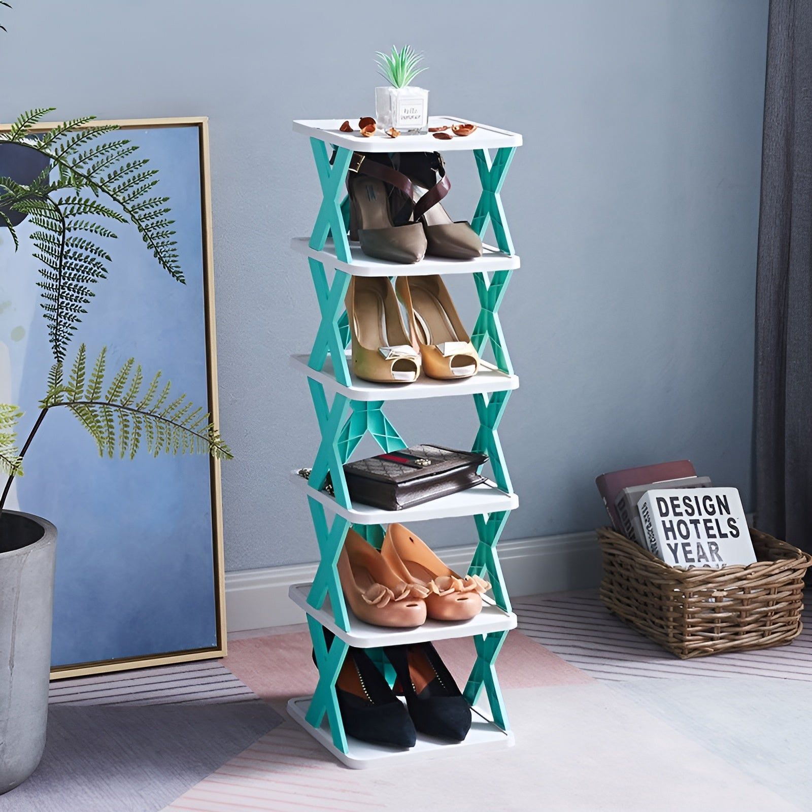 Türschuhregal aus Kunststoff, platzsparend, mehrschichtig, türkis-weiß, für kleine Räume.