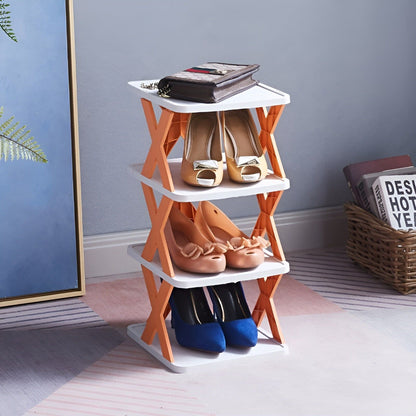 Schuhregal aus Kunststoff, orange-weiß, platzsparend, vier Ebenen, für kleine Räume.