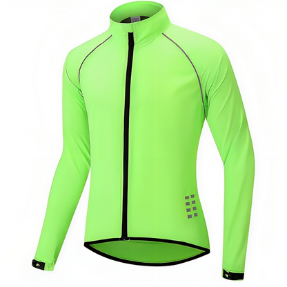 Neongrüne Herren-Radjacke, langärmelig, winddicht, reflektierende Details.