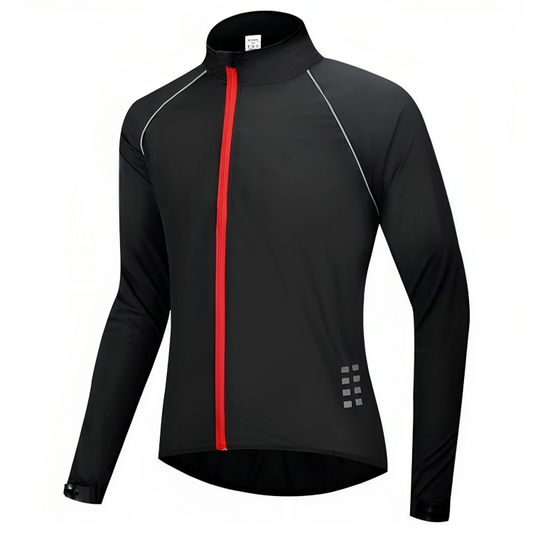 Schwarze Fahrradjacke mit rotem Reißverschluss, langärmelig, winddicht, für Herren.