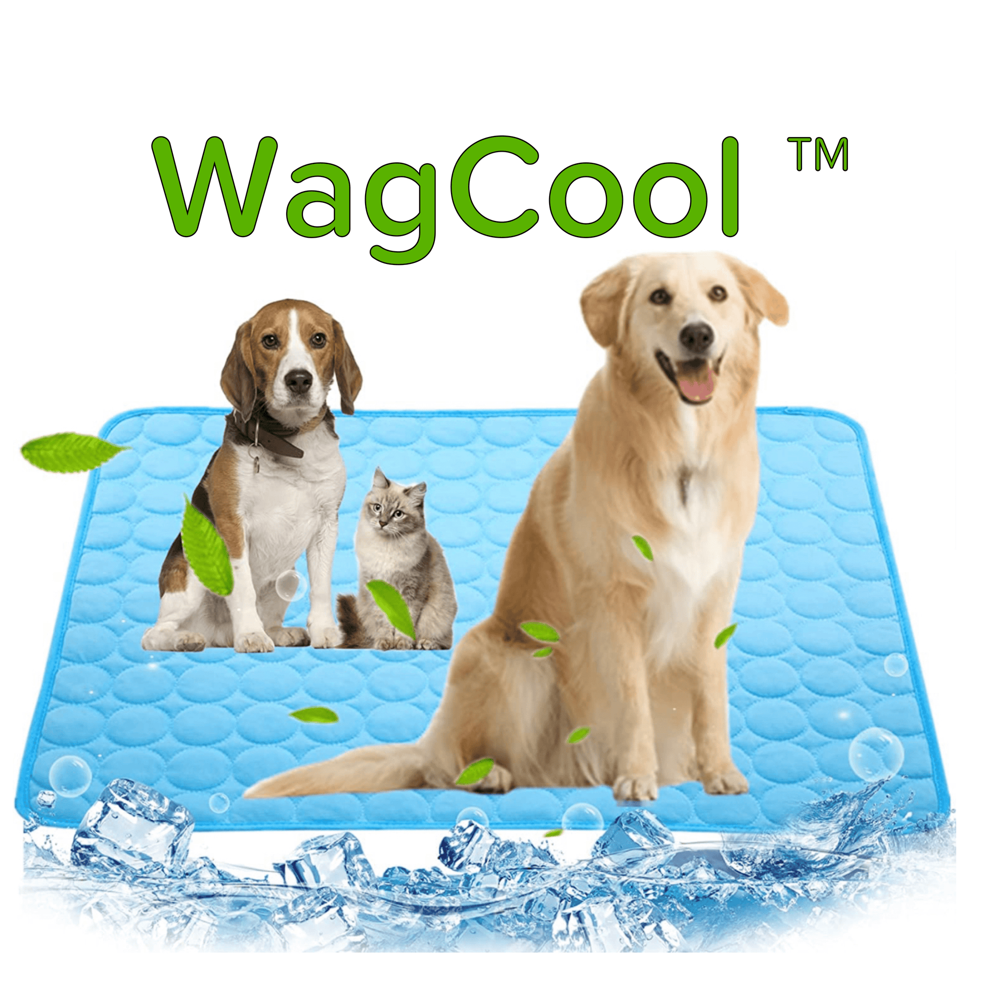 Kühlmatte für Hunde, blau, mit Beagle, Golden Retriever und Katze, ideal für Haustiere im Sommer.
