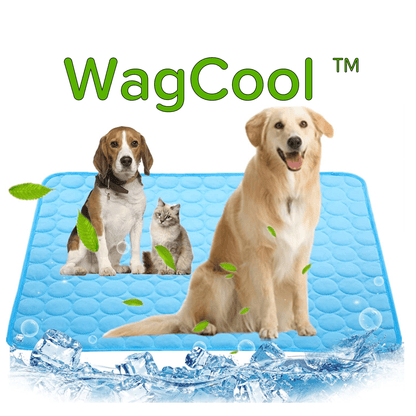 Kühlmatte für Hunde, blau, mit Beagle, Golden Retriever und Katze, ideal für Haustiere im Sommer.