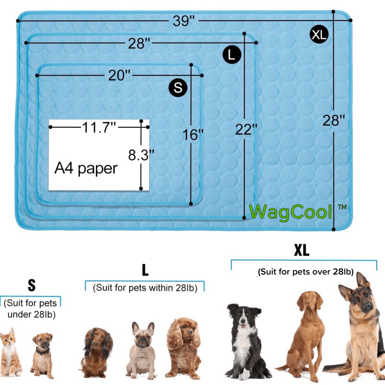 Blaue kühlende Hundematte, Größen S-L-XL, ideal für Hunde, Sommer, Haustierzubehör.