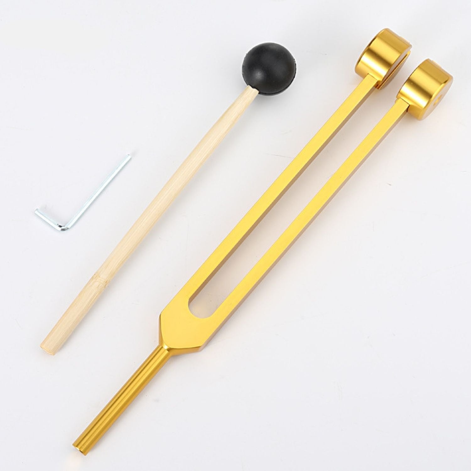 Goldene Stimmgabel-Set mit rundem Kopf, Holzschlägel und Schraubenschlüssel, 24,5 cm.