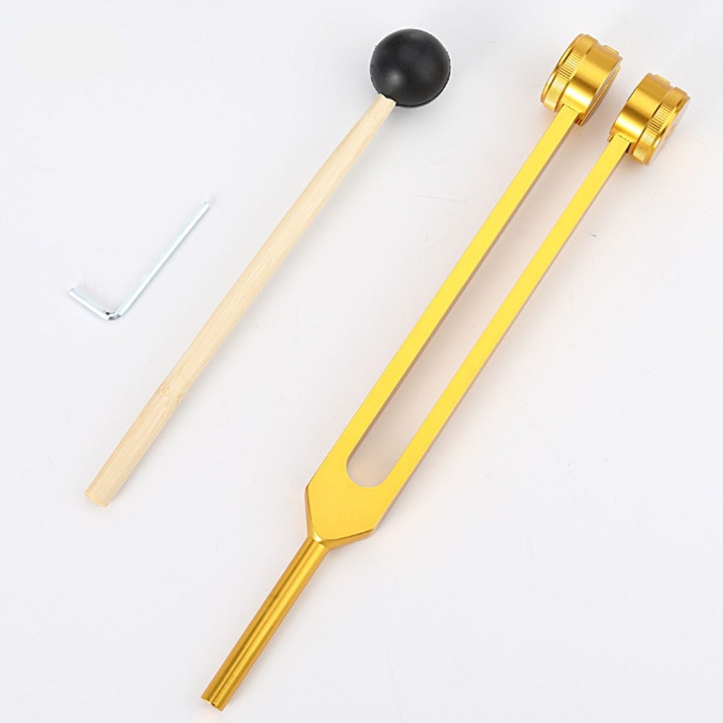 Goldene Stimmgabel-Set mit Holzschlägel, 21,5 cm, für Klangtherapie und Meditation.
