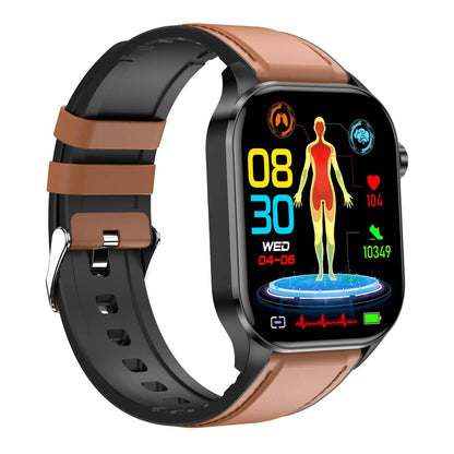 Schwarze Smartwatch mit braunem Armband, Gesundheits-Tracking, Fitness-Display, modernem Design.