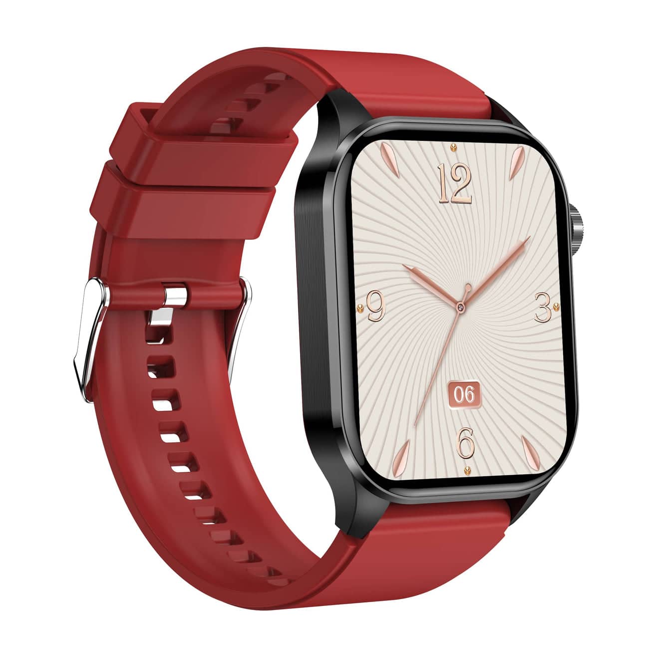 Rote Smartwatch mit schwarzem Gehäuse, quadratischem Zifferblatt und Silikonarmband.