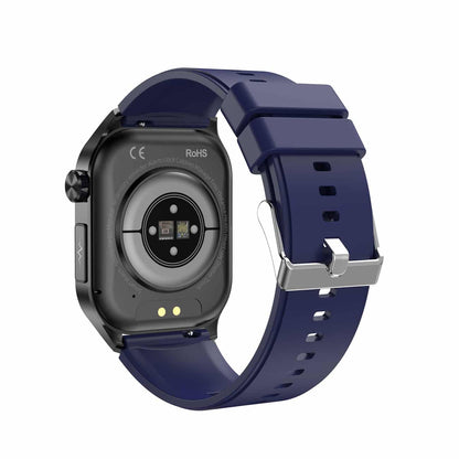 Smartwatch Rückseite, blaues Armband, Fitness-Tracker, Herzfrequenzsensor, modern, stilvoll.
