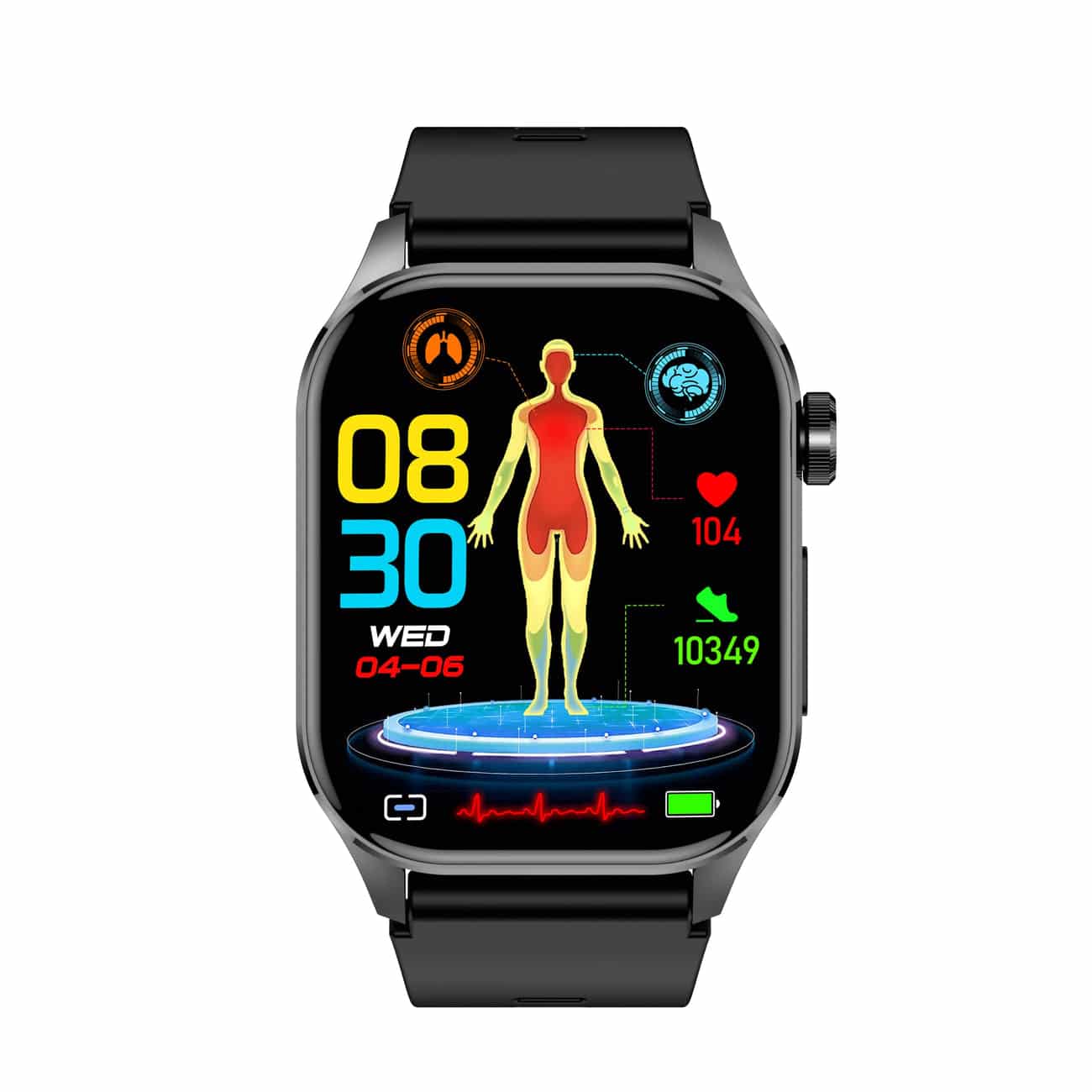 Schwarze Smartwatch mit Gesundheits-Tracking, Herzfrequenz, Schrittzähler, digitalem Display.