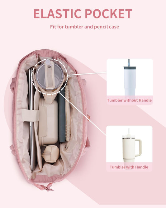 Vadderad puffer-tote med mugghållare och laptopfack för resor och arbete.