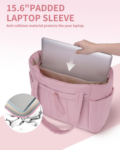 Vadderad puffer-tote med mugghållare och laptopfack för resor och arbete.