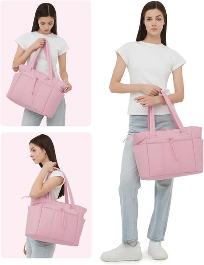 Vadderad puffer-tote med mugghållare och laptopfack för resor och arbete.