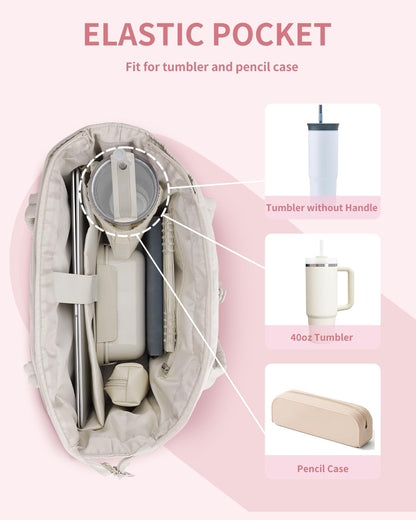 Vadderad puffer-tote med mugghållare och laptopfack för resor och arbete.