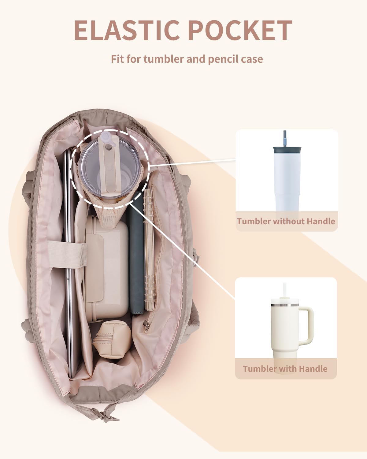 Vadderad puffer-tote med mugghållare och laptopfack för resor och arbete.