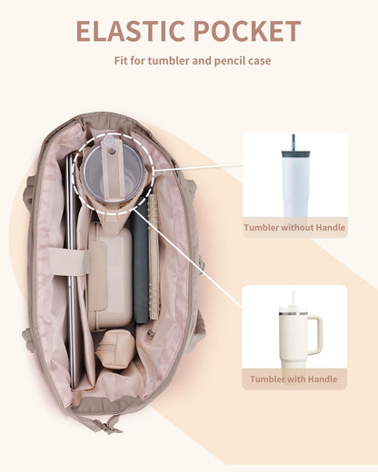 Vadderad puffer-tote med mugghållare och laptopfack för resor och arbete.