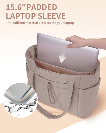 Vadderad puffer-tote med mugghållare och laptopfack för resor och arbete.