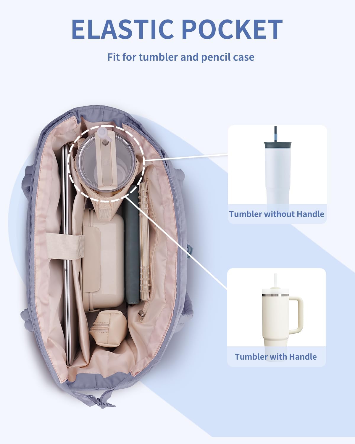 Vadderad puffer-tote med mugghållare och laptopfack för resor och arbete.