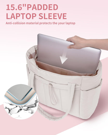 Vadderad puffer-tote med mugghållare och laptopfack för resor och arbete.