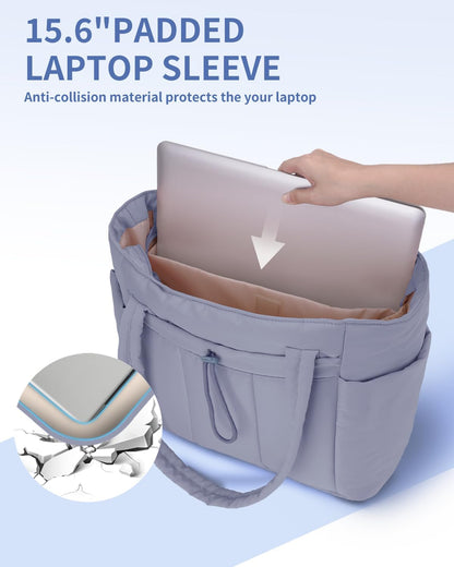 Vadderad puffer-tote med mugghållare och laptopfack för resor och arbete.