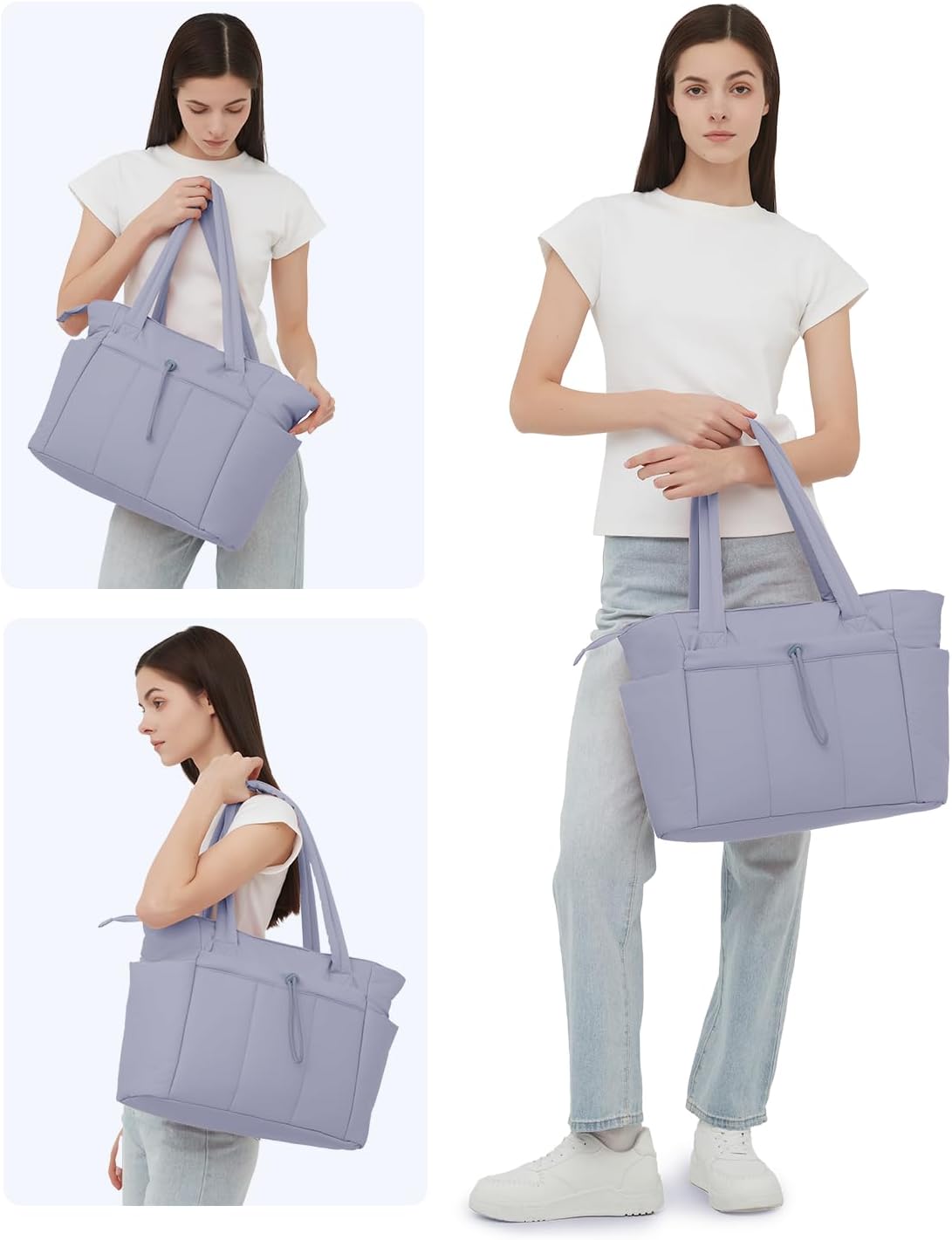 Vadderad puffer-tote med mugghållare och laptopfack för resor och arbete.